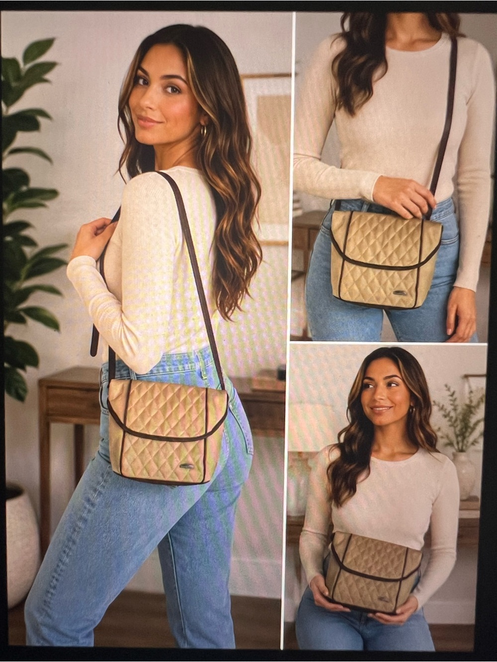 Quilted Crossbody Bag in Beige with Dark Trim
